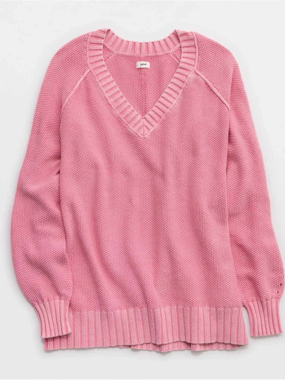 aerie Pink Off-Shoulder V-Neck Knit Sweater